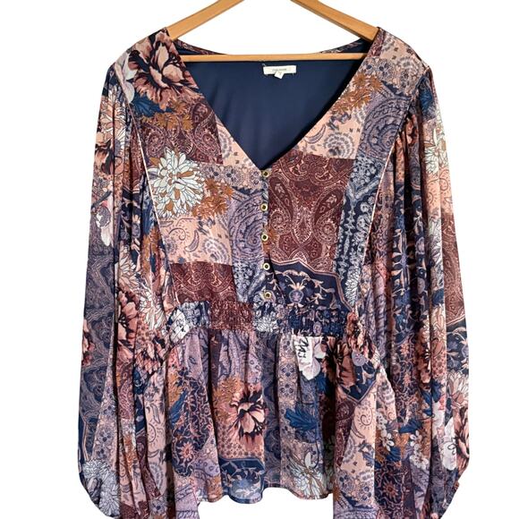 Maurices Patchwork Peasant Blouse 2X Fairy Floral Whimsigoth Blue Purple Top - Picture 1 of 8